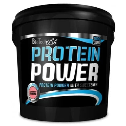 BioTechUSA Protein Power 4 kg proteinpulver i en svart hink med blå detaljer, smak Strawberry-Banana., bild 1 av 1
