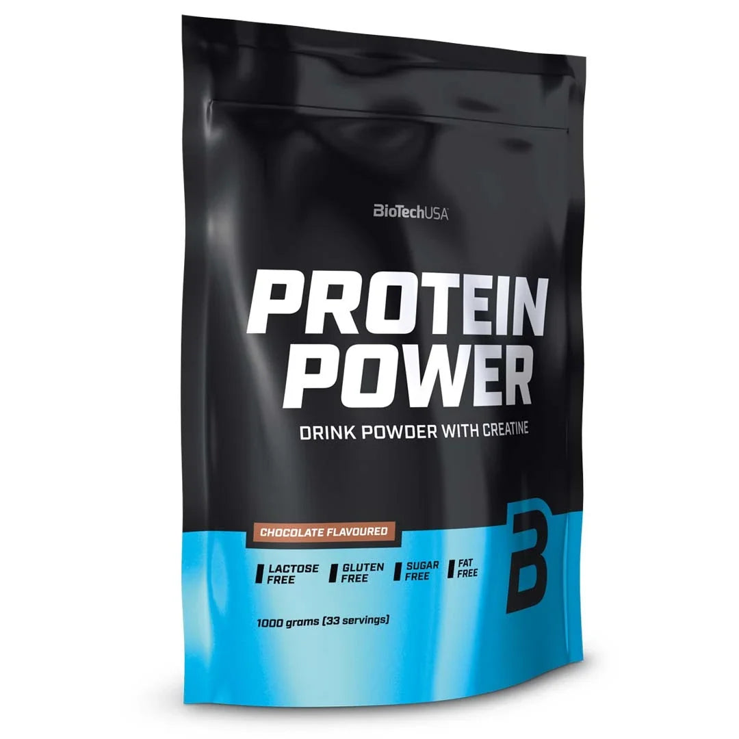 BioTechUSA Protein Power 1 kg proteinpulver i en svart och blå påse för smaken Chocolate., bild 1 av 2
