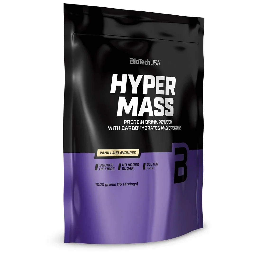 BioTechUSA Hyper Mass 1 kg gainer i en svart och lila påse för smaken Vanilla., bild 1 av 1