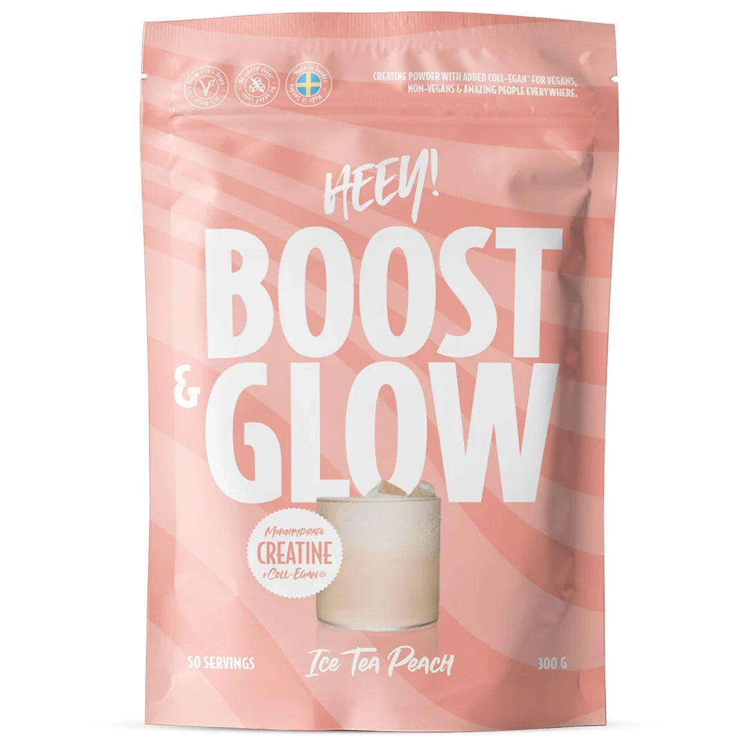 Heey! Boost & Glow Creatine + Coll-egan® 300 g kreatinpulver i en ljusrosa påse för smaken Ice Tea Peach.