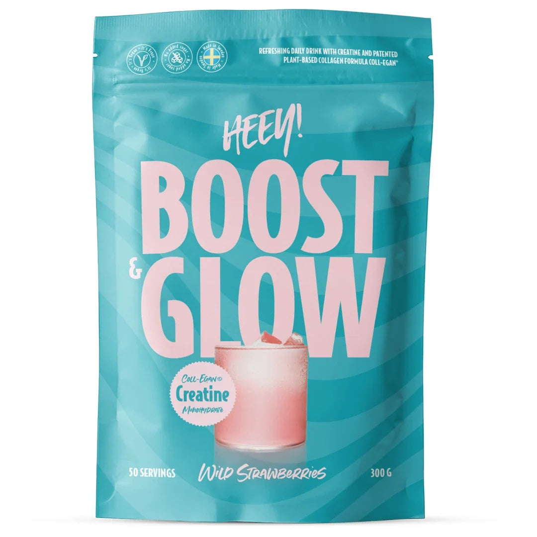 Heey! Boost &amp; Glow Creatine + Coll-egan® 300 g kreatinpulver i en turkos påse med rosa detaljer för smaken Wild Strawberry., bild 3 av 3