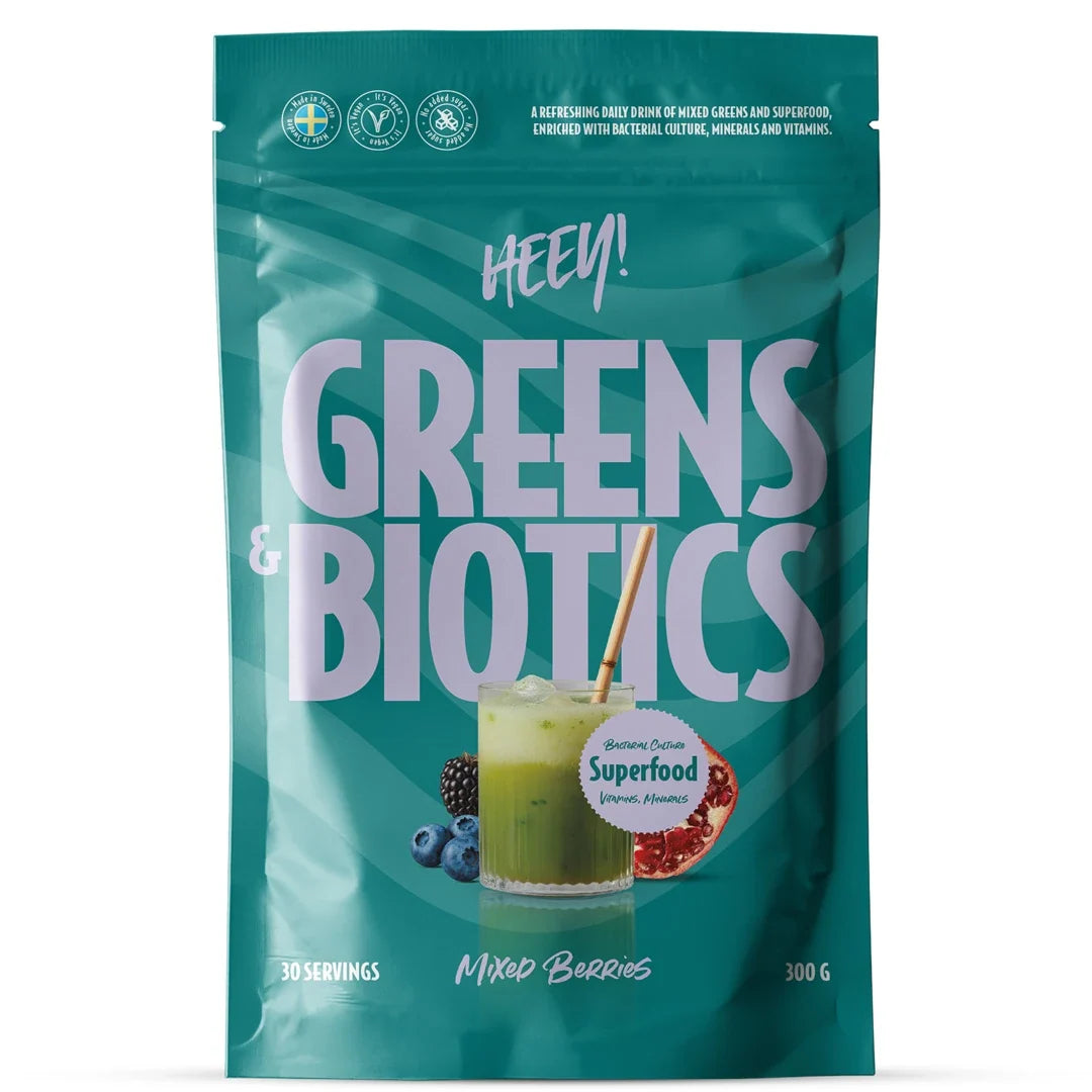 Heey! Greens &amp; Biotics Superfood + Probiotics 300 g pulver i en turkos påse för smaken Mixed Berries., bild 3 av 3