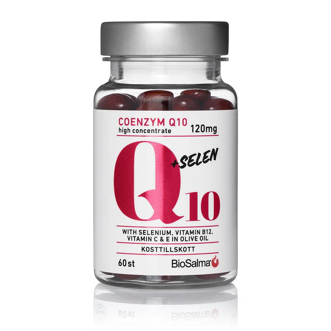 BioSalma Q10 Coenzym 120mg + selen 60 caps i en transparent burk med grått lock, med tydlig rosa text på vit etikett., bild 1 av 1