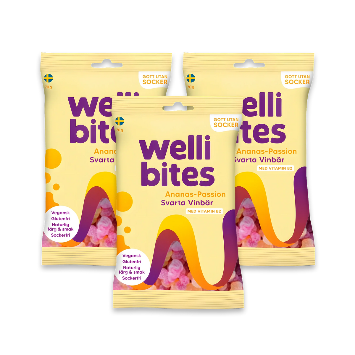3 x Wellibites Candy 70 g sockerfritt godis i tre gula påsar med lila och orange detaljer för smaken Ananas-Passion & Svarta vinbär.