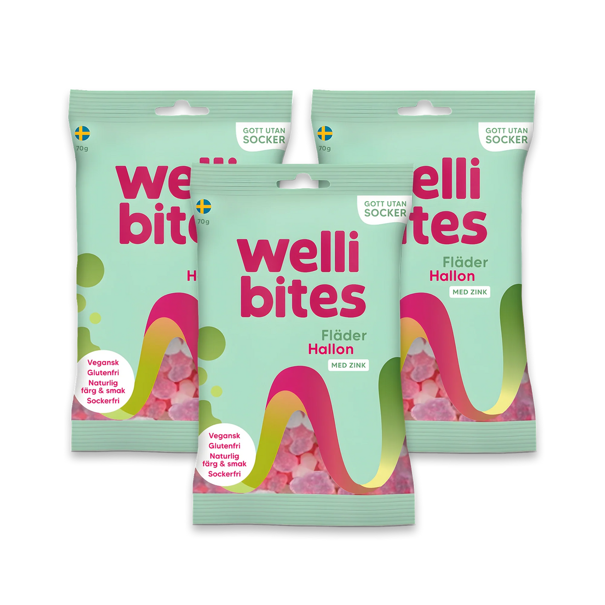 3 x Wellibites Candy 70 g i gröna påsar med färgglada detaljer för smaken Fläder &amp; Hallon., bild 1 av 1