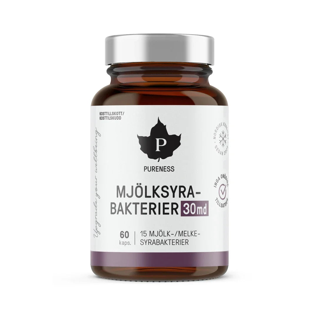 Pureness Mjölksyrabakterier 30 md 60 caps i en brun glasburk med vit etikett och silverlock., bild 1 av 1