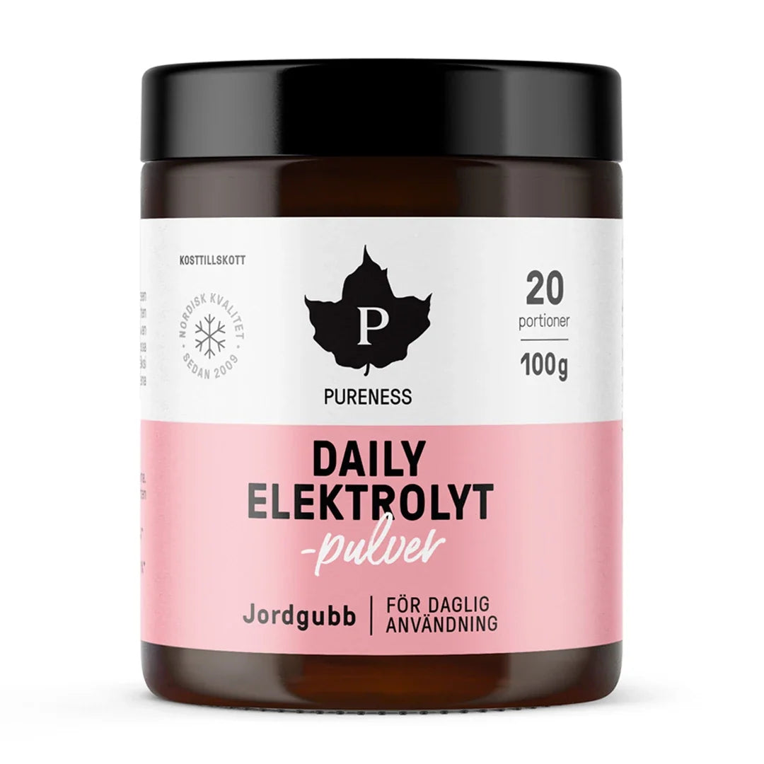 Pureness Daily Elektrolytpulver 100 g i en brun burk med svart lock och en vit och rosa etikett för smaken Jordgubb., bild 2 av 3