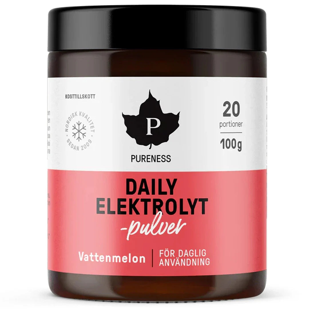 Pureness Daily Elektrolytpulver 100 g i en mörkbrun burk med en vit och rosa etikett för smaken Vattenmelon., bild 3 av 3