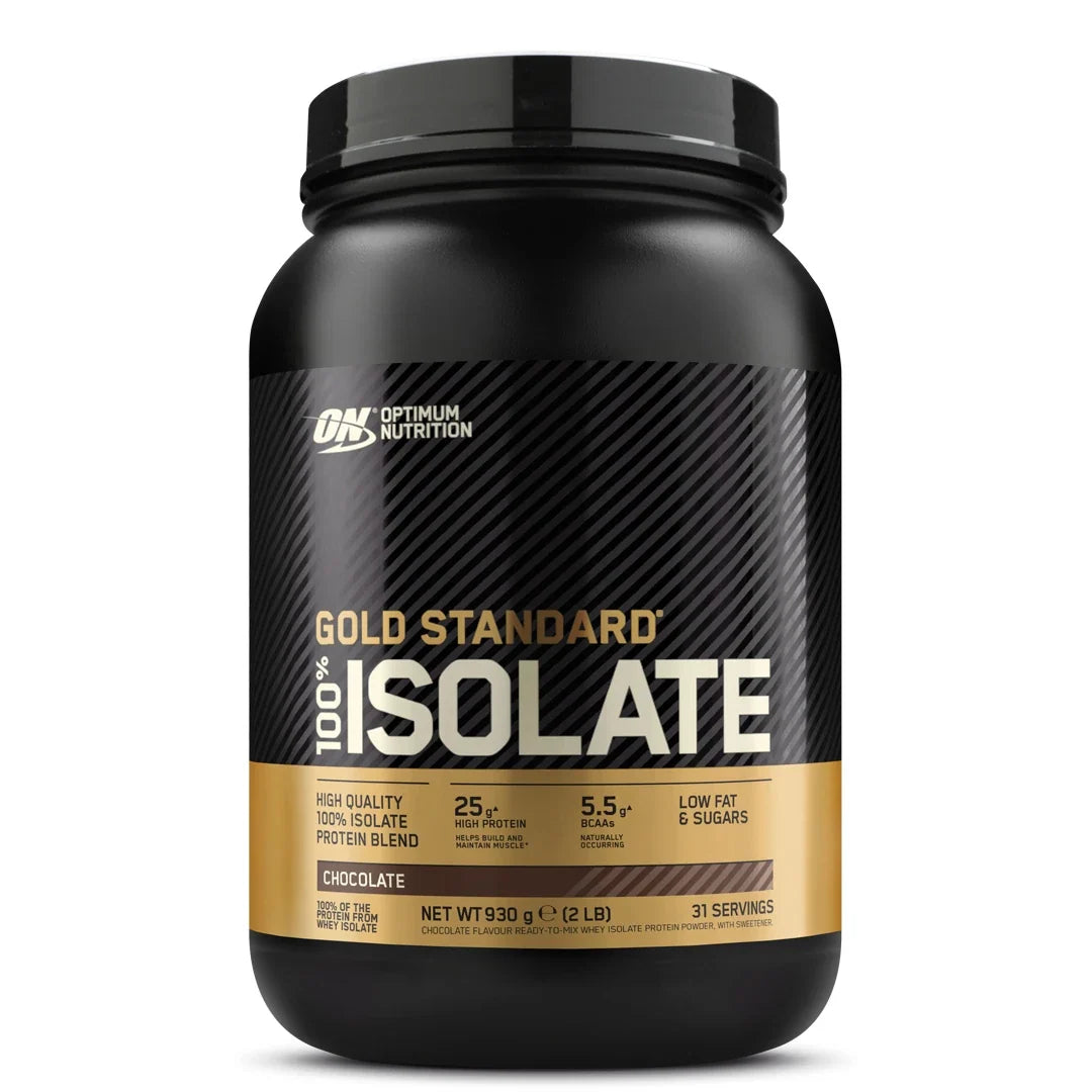 Optimum Nutrition 100% Gold Standard Isolate 930 g proteinpulver i en svart burk med guldiga detaljer för smaken Chocolate., bild 1 av 1