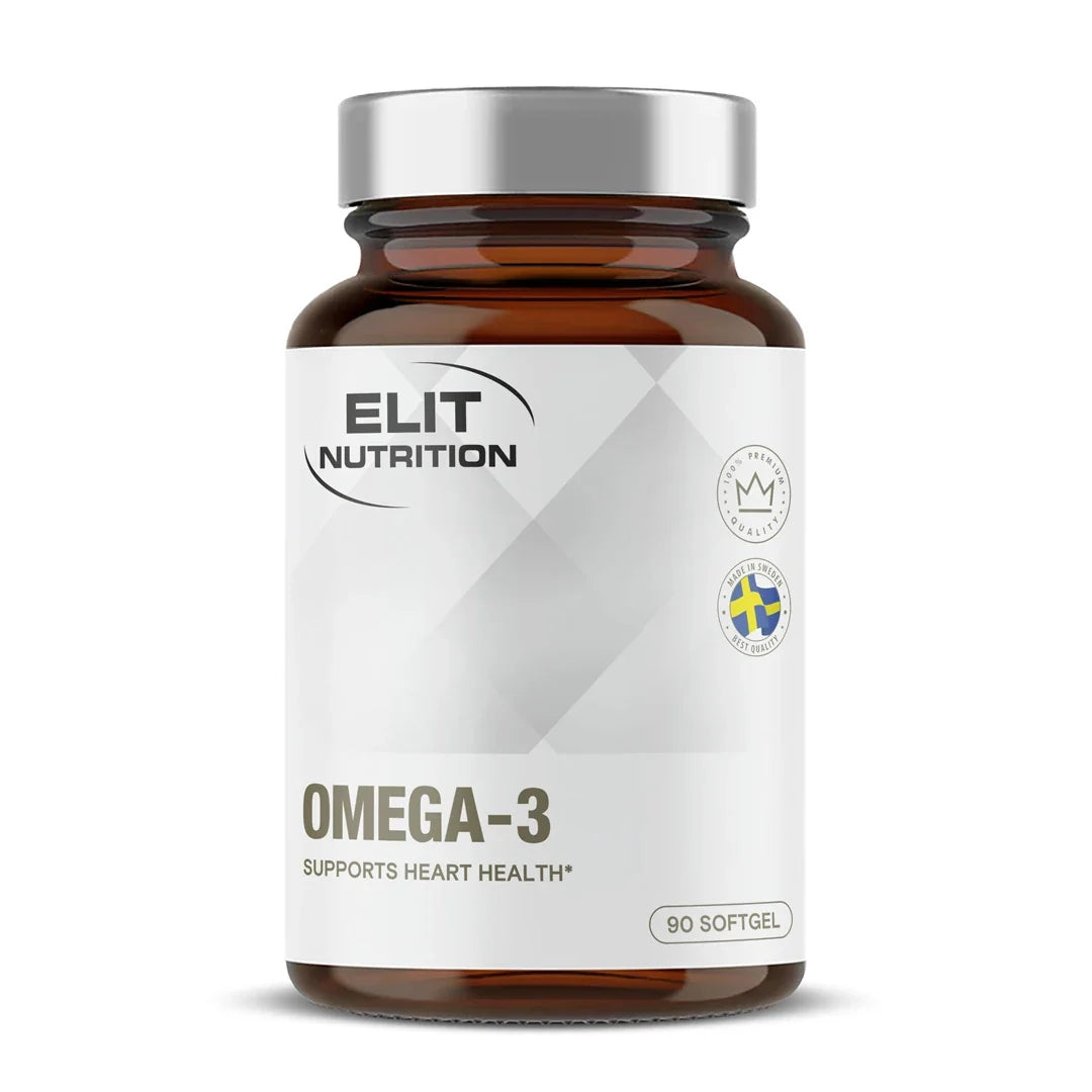 Elit Nutrition Omega-3 90 softgel förpackad i en mörkbrun burk med vit etikett och silverlock., bild 1 av 1
