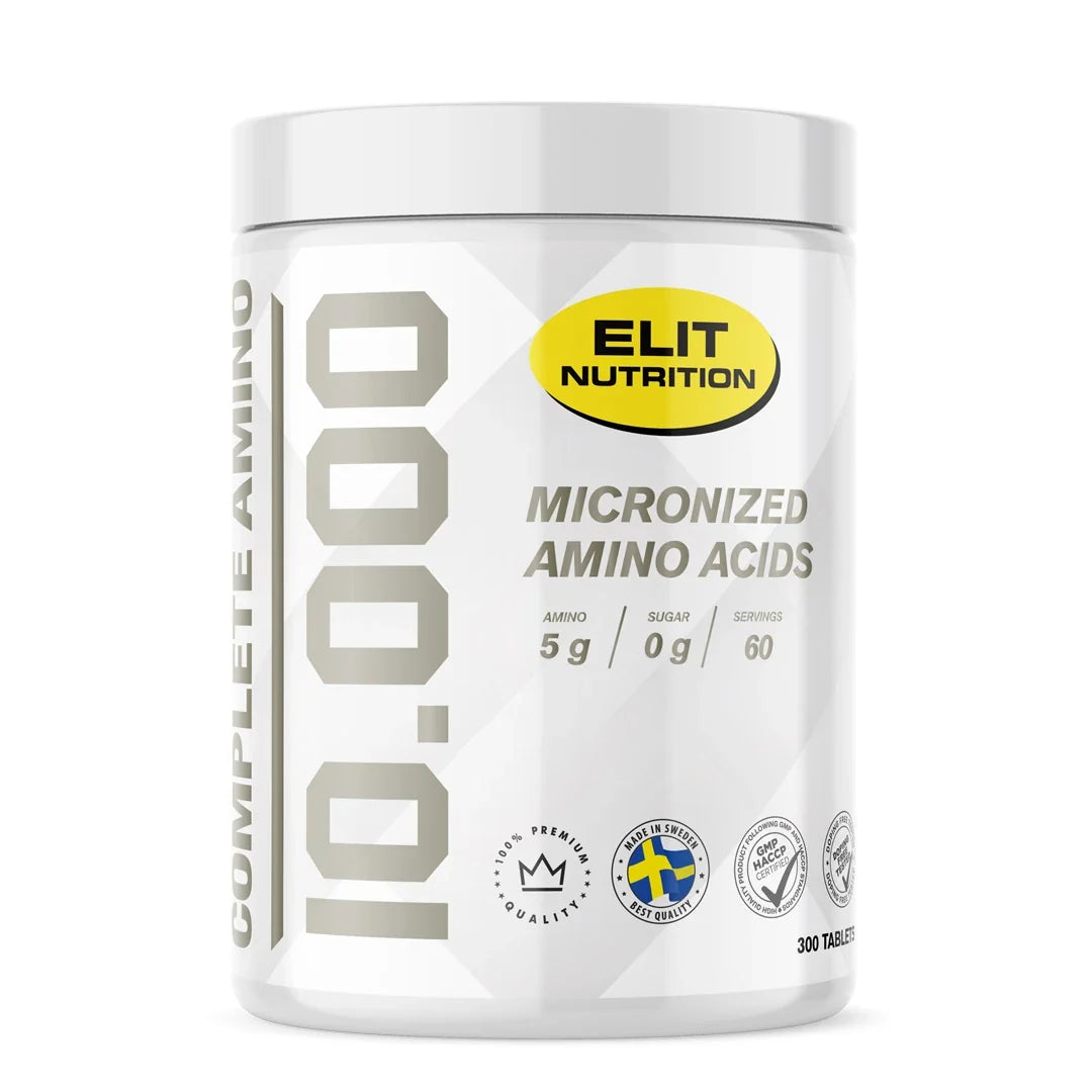 Elit Nutrition Complete Amino 10.000 300 tabs i en vit burk med silvriga och gula detaljer.