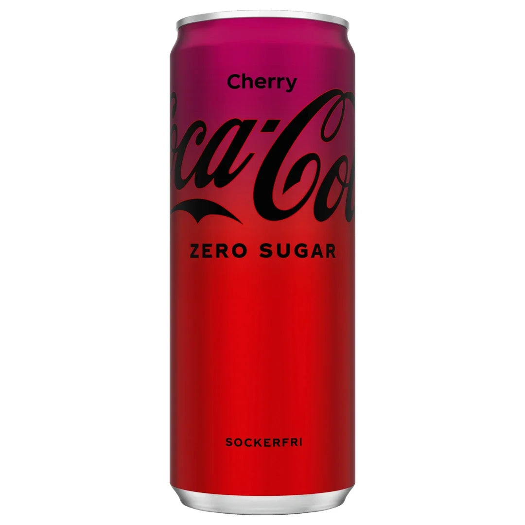 Coca-Cola Zero 330 ml i en röd och mörkrosa burk med Cherry-smak., bild 3 av 4