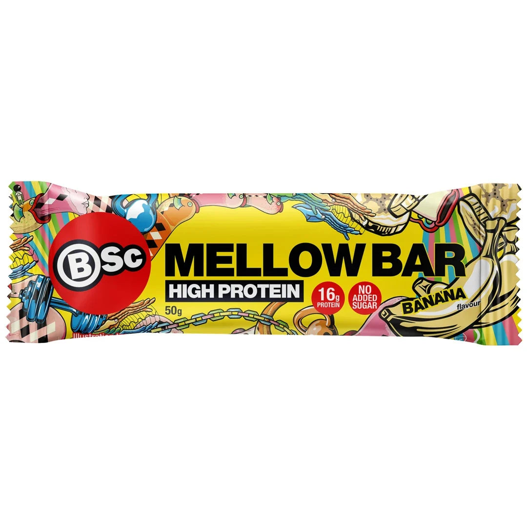 BSc Mellow Bar 50 g proteinbar i en gul förpackning med färgglada detaljer för smaken Banana., bild 1 av 4