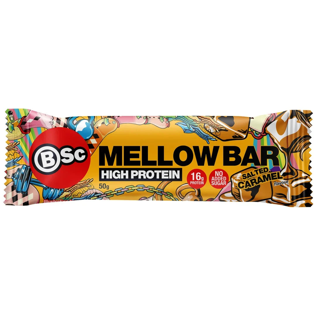 BSc Mellow Bar 50 g proteinbar i ett orange omslag med färgglada detaljer för smaken Salted Caramel., bild 3 av 4