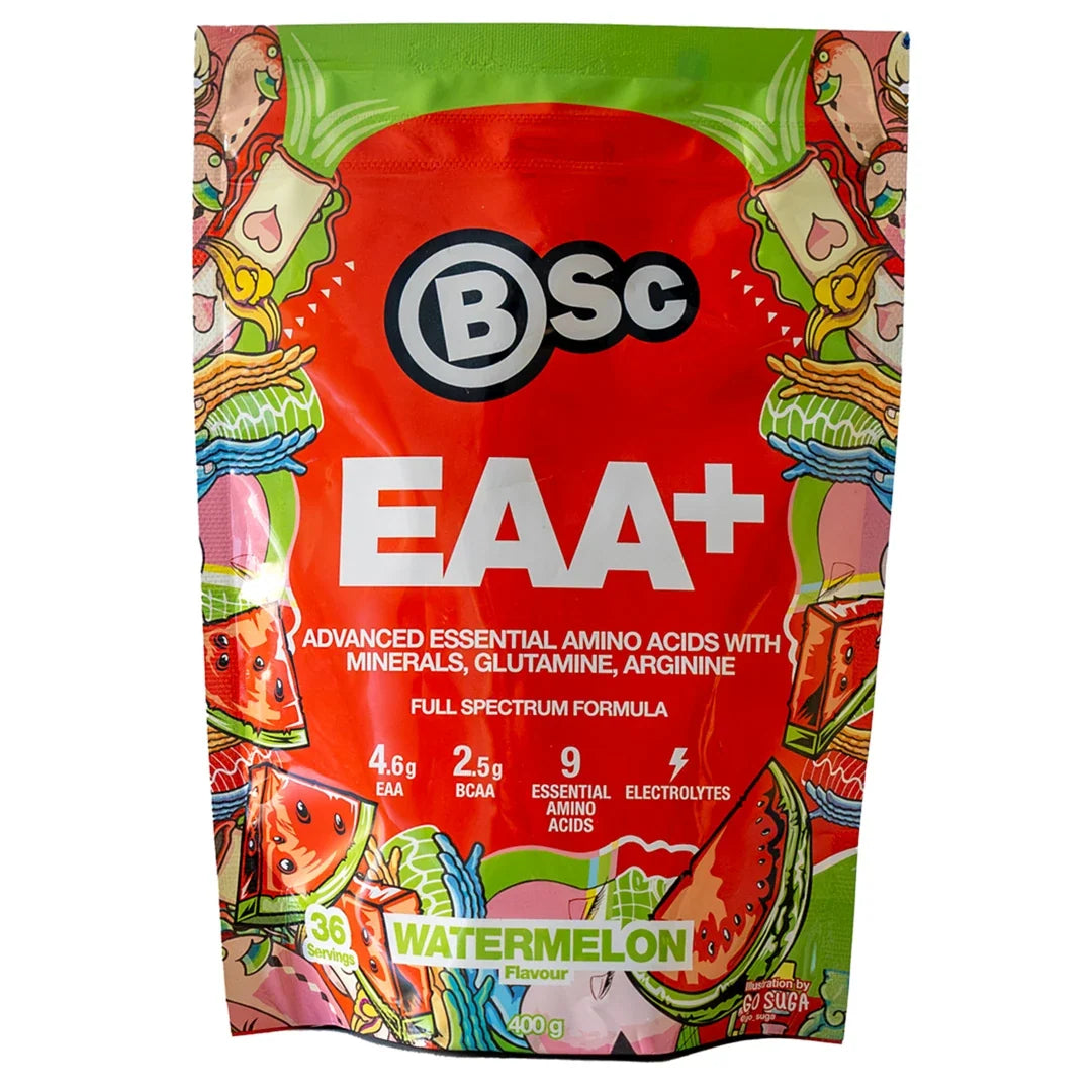 BSc EAA 400 g aminosyror i en röd påse med färgglada illustrationer för smaken Watermelon.