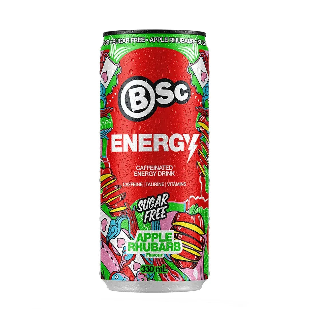 BSc Energy Drink 330 ml energidryck i en färgstark burk för smaken Apple Rhubarb.