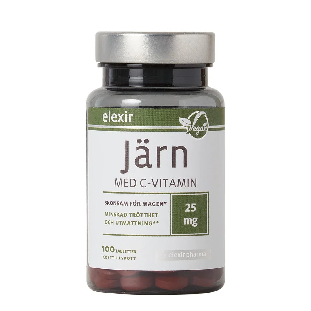 Elexir Pharma Järn med C-vitamin 100 tabs kosttillskott i en mörk plastburk med vit etikett, gröna detaljer och silverfärgat lock.