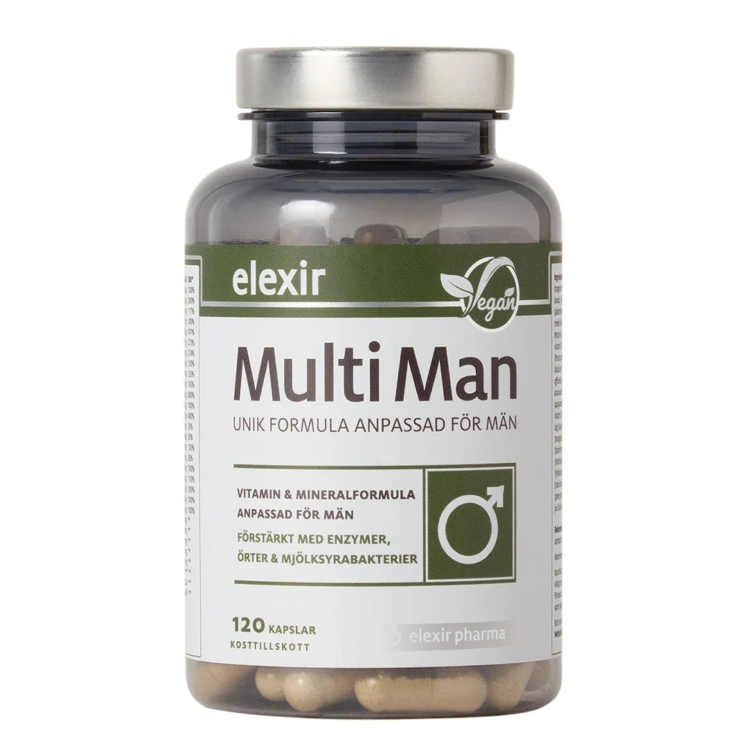 Elexir Pharma Multi Man 120 caps multivitamin i en mörk, transparent burk med silverlock., bild 1 av 1