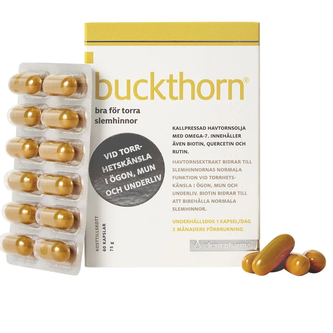 Elexir Pharma Buckthorn 60 caps, en vit ask med guldiga detaljer bredvid en blisterkarta med gyllene kapslar., bild 1 av 1