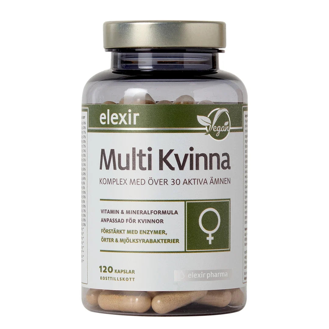 Elexir Pharma Multi Kvinna 120 caps i en transparent burk med metallock och vit etikett med gröna detaljer.