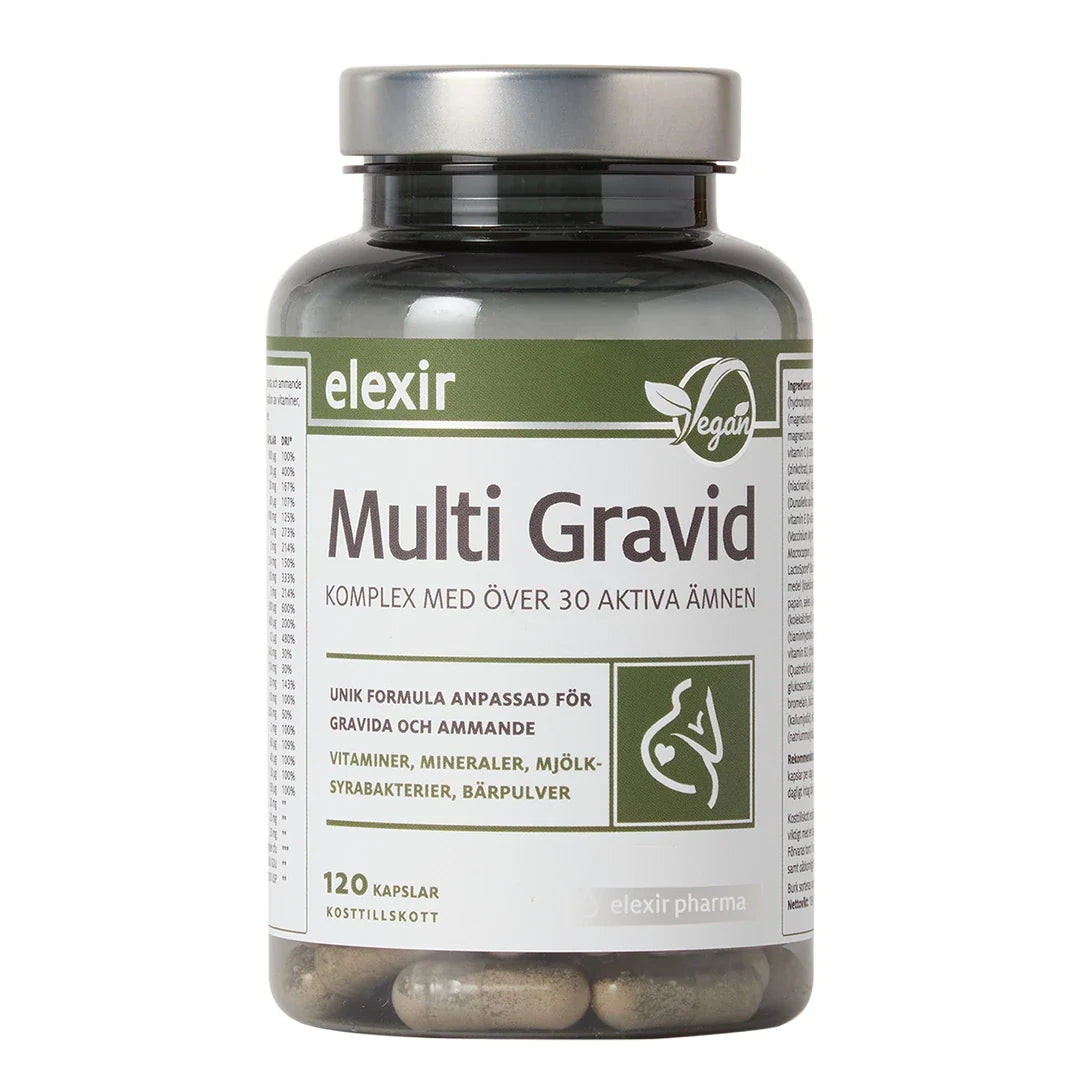 Elexir Pharma Multi Gravid 120 caps multivitamin i en mörk transparent burk med silverlock och grönvit etikett., bild 1 av 1