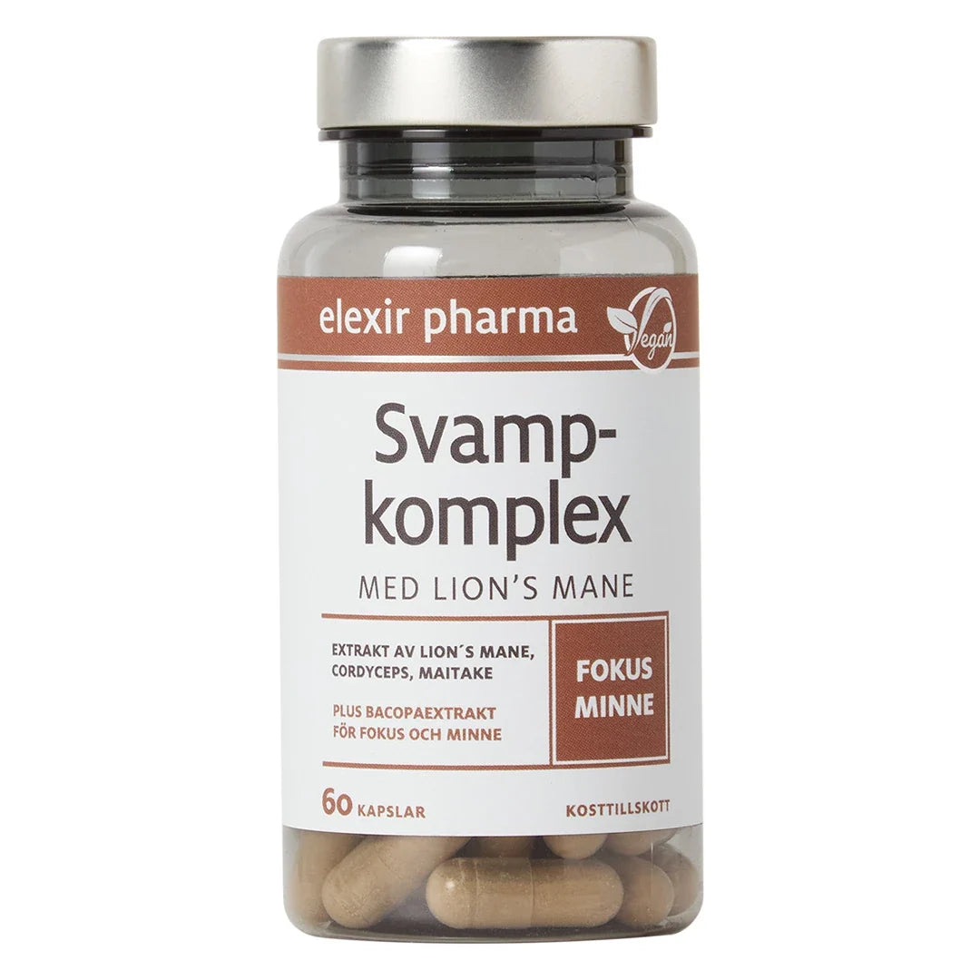 Elexir Pharma Svampkomplex med Lions mane 60 caps i en transparent burk med vit etikett och silverlock., bild 1 av 1