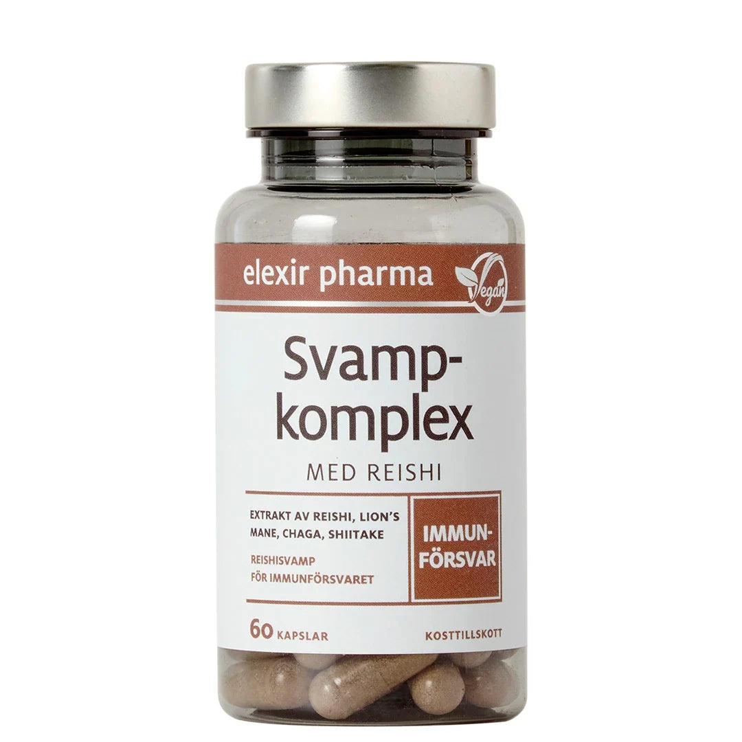 Elexir Pharma Svampkomplex med Reishi 60 caps i en genomskinlig burk med vit etikett och silverfärgat lock., bild 1 av 1