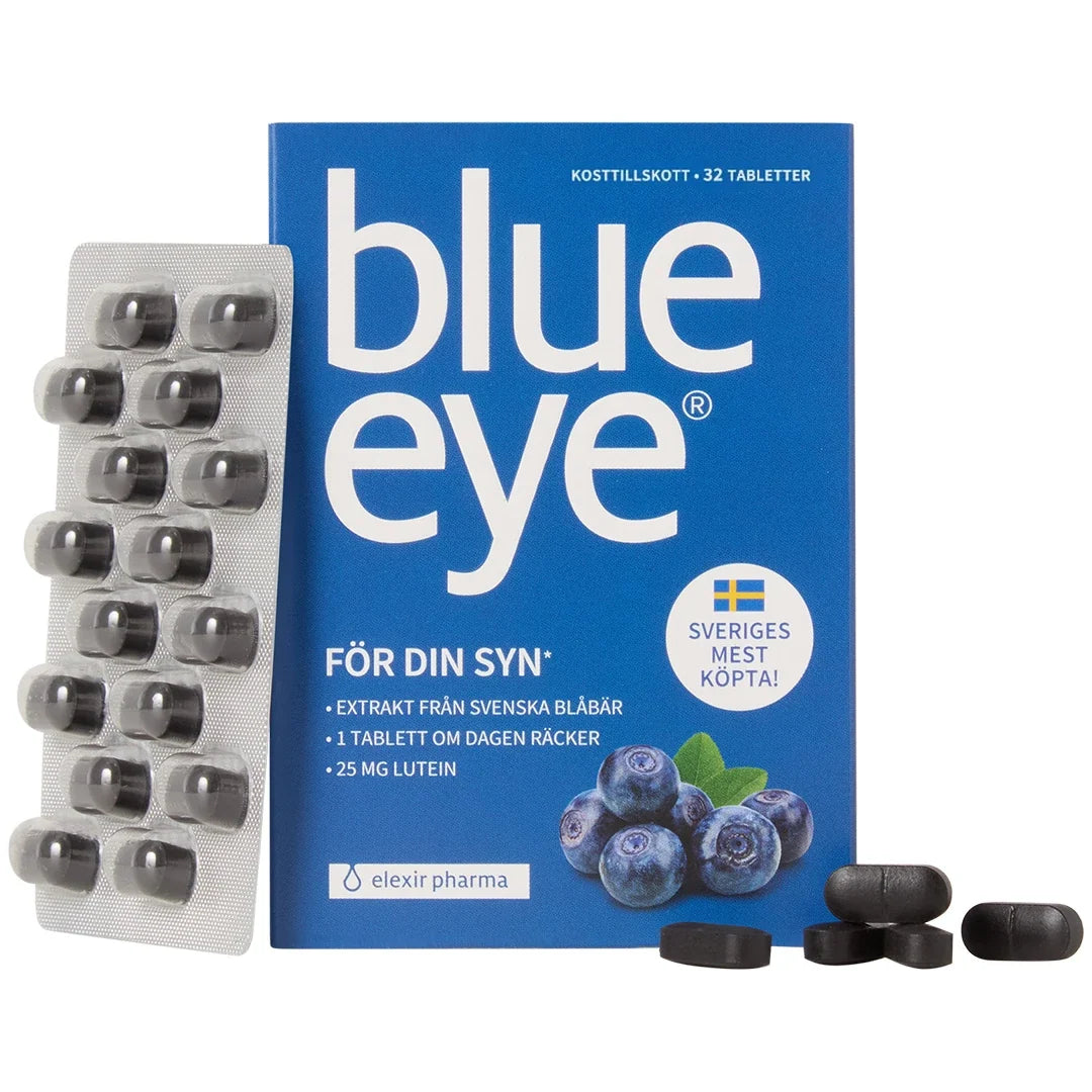 Elexir Pharma Blue Eye 32 tabs, ett kosttillskott i blå ask med mörka tabletter och blisterkarta för ögonhälsa., bild 1 av 1