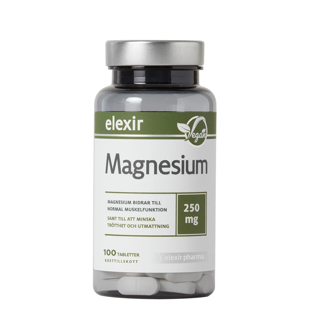 Elexir Pharma Magnesium 250 mg 100 tabs förpackad i en mörk plastburk med silverlock och vit-grön etikett., bild 1 av 1