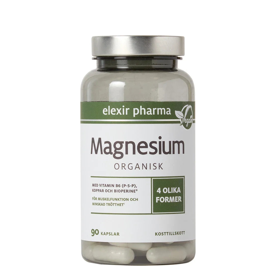 Elexir Pharma Magnesium Organisk 90 caps i en transparent burk med silverlock och vit etikett med gröna detaljer., bild 1 av 1