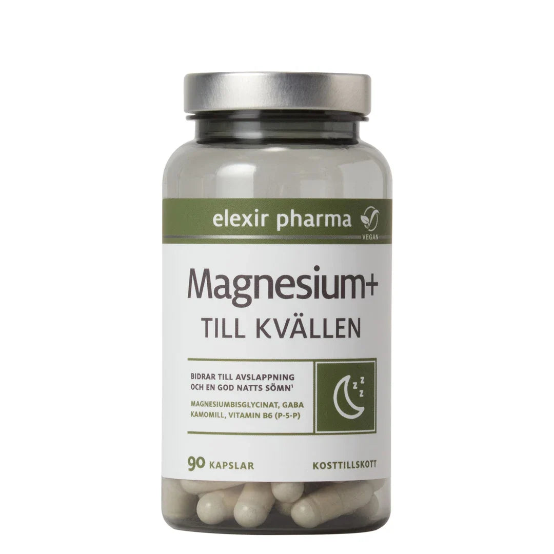 Elexir Pharma Magnesium+ Till kvällen 90 caps i en genomskinlig burk med grön och vit etikett samt silverlock., bild 1 av 1