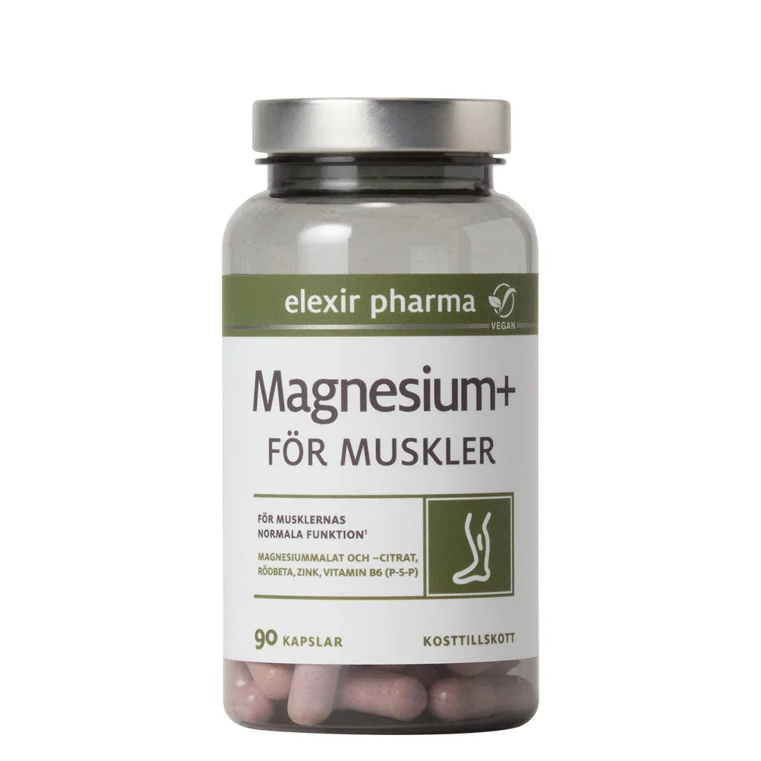 Elexir Pharma Magnesium+ För muskler 90 caps i en transparent plastburk med silverlock och vit etikett med gröna detaljer.