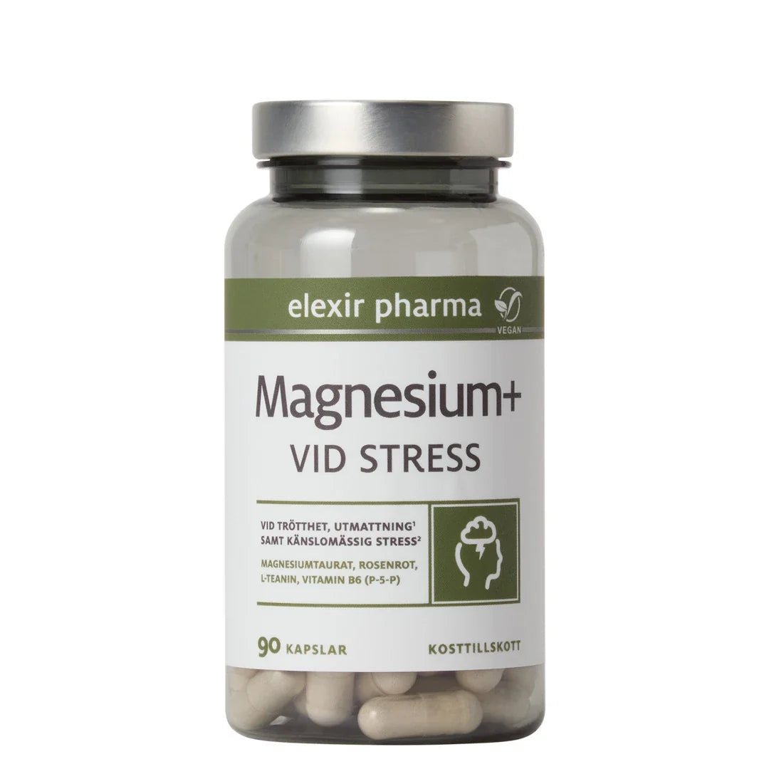 Elexir Pharma Magnesium+ Vid stress 90 caps i en transparent burk med grön och vit etikett och silvrigt lock., bild 1 av 1