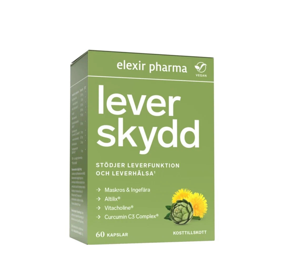 Elexir Pharma Leverskydd 60 caps i en grön ask för hälsokost med växtmotiv av maskros och kronärtskocka., bild 1 av 1