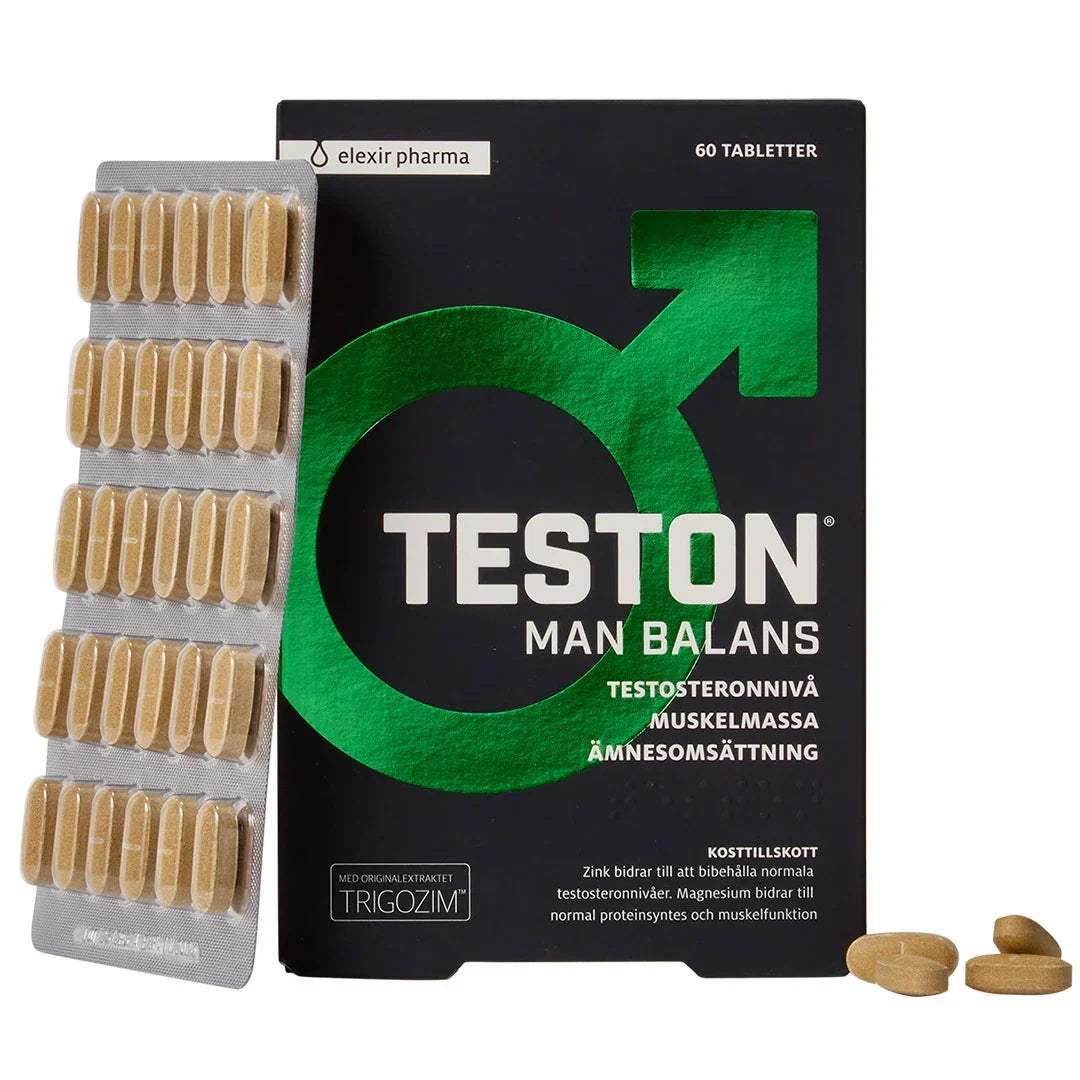 Elexir Pharma Teston Man Balans 60 tabs i en svart ask med gröna detaljer, visad tillsammans med en blisterkarta med beigea tabletter., bild 1 av 1