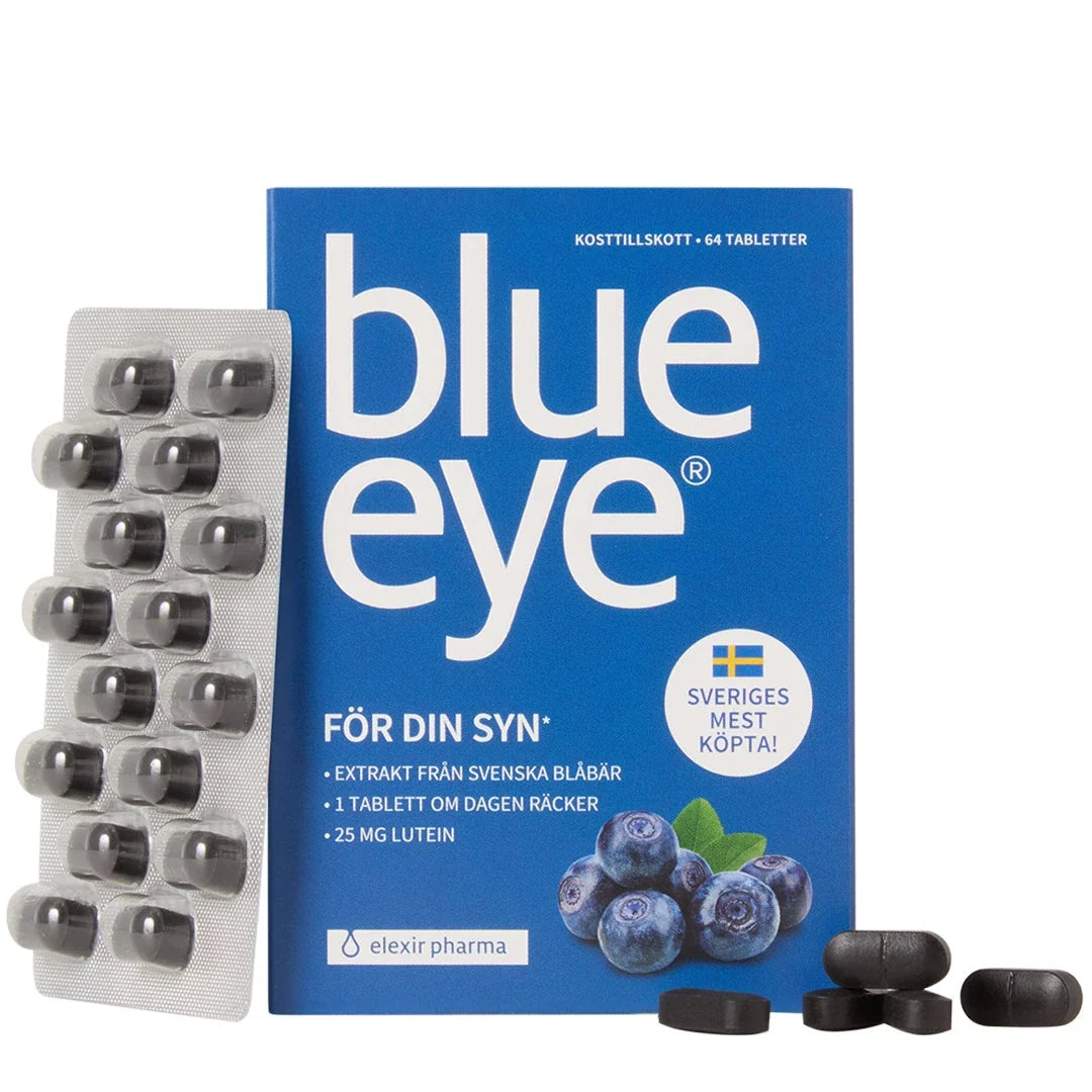 Elexir Pharma Blue Eye 64 tabs, kosttillskott i en blå ask bredvid en blisterkarta med mörka tabletter och blåbär., bild 1 av 1