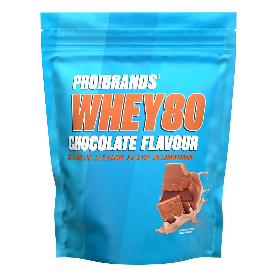 Pro Brands Whey Powder 500 g proteinpulver i en ljusblå påse med orange text för smaken Chocolate., bild 1 av 1