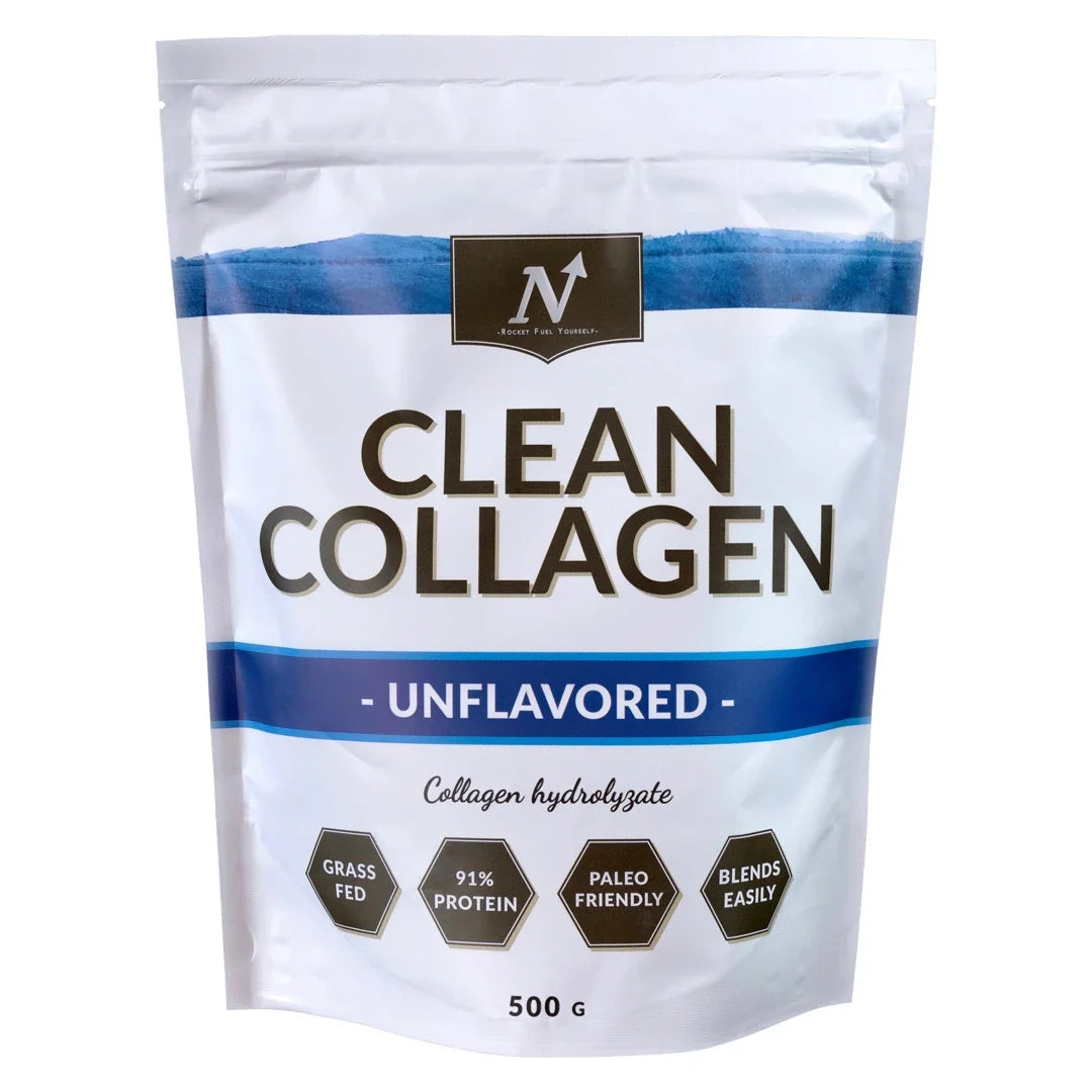 Nyttoteket Clean Collagen 500 g kollagenpulver förpackad i en vit påse med blå detaljer, naturell smak.