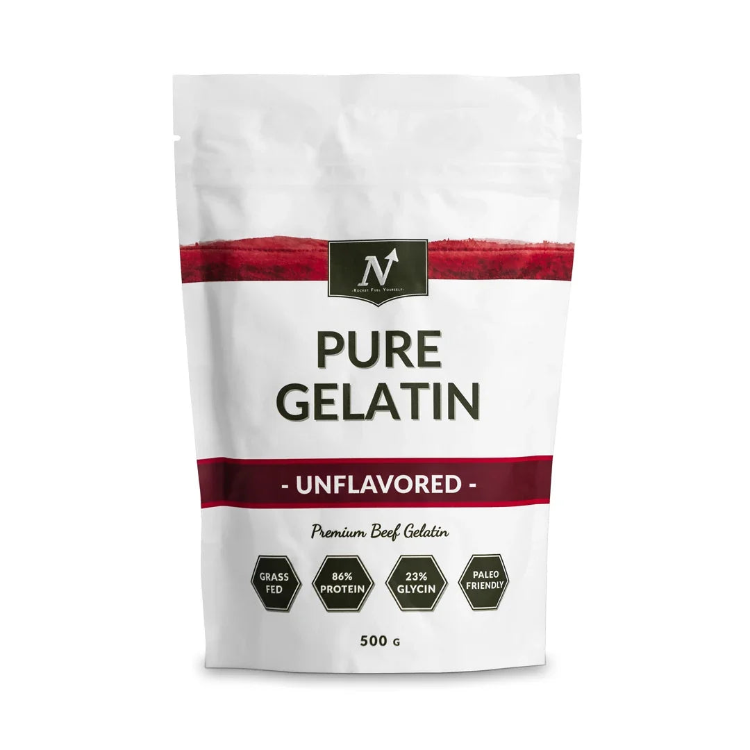 Nyttoteket Pure Gelatin 500 g gelatinpulver i en vit påse med röda detaljer och naturell smak., bild 1 av 1