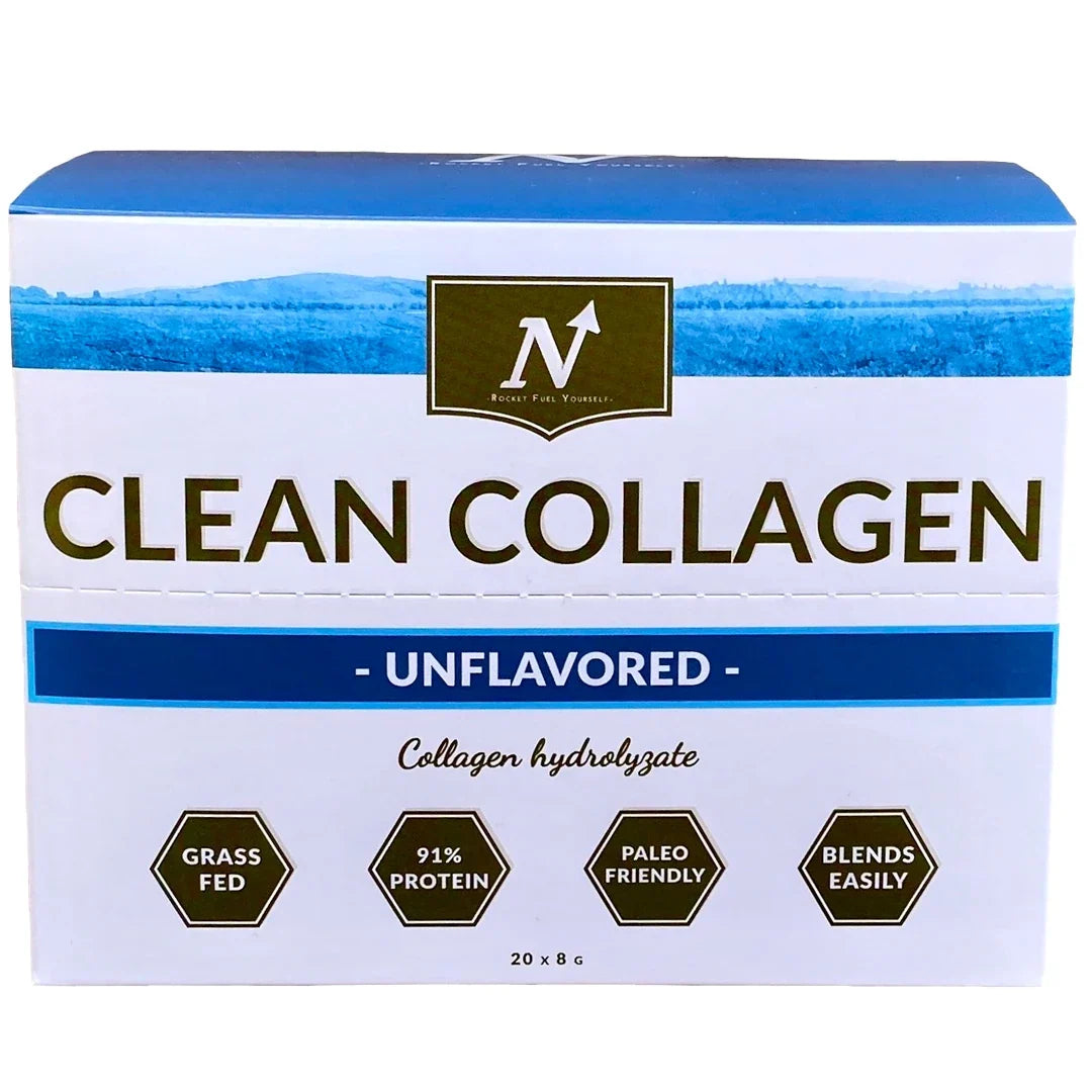 Nyttoteket Clean Collagen - Stickpack 20 x 8 g, naturellt kollagenpulver i en vit ask med blå detaljer.