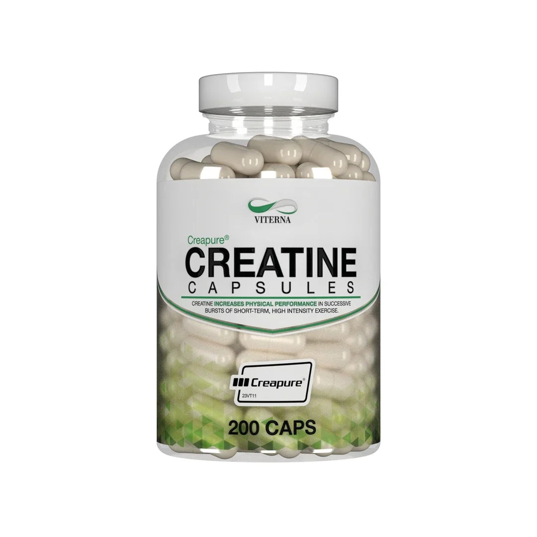 Viterna Creapure® Kreatin 200 caps förpackad i en genomskinlig burk med vit etikett och gröna detaljer.