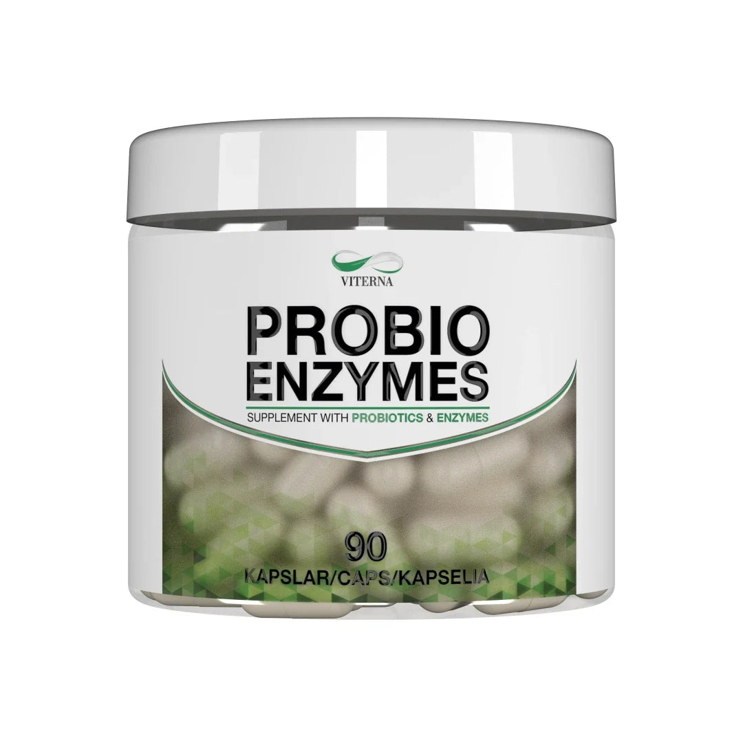 Viterna Probio Enzymes 90 caps förpackad i en vit burk med stilrena gröna detaljer och synliga kapslar på etiketten.