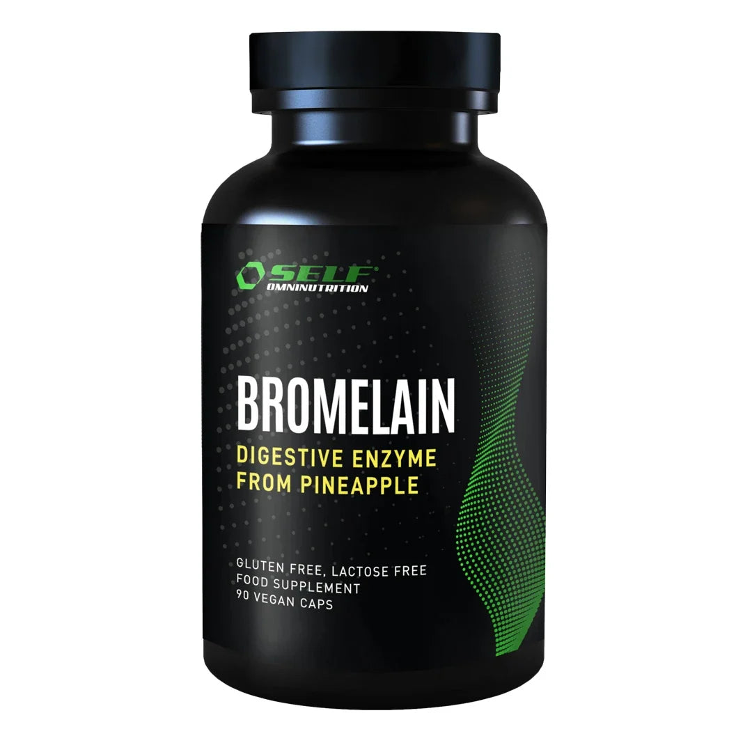 Self Omninutrition Bromelain 90 caps kosttillskott i en svart burk med grön och vit text., bild 1 av 1