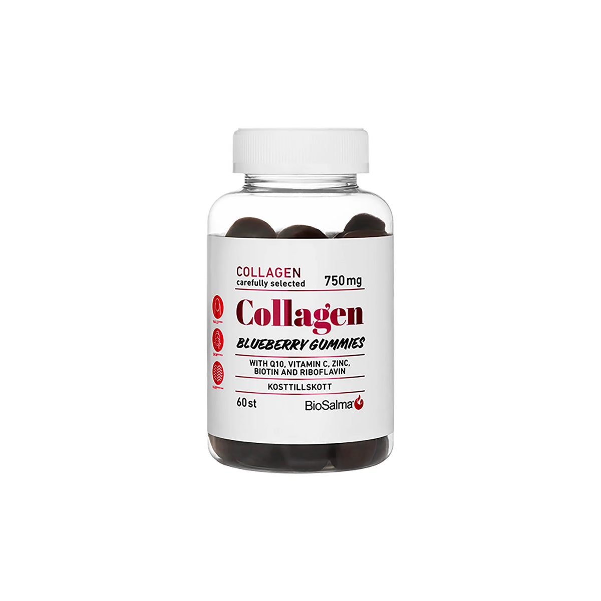 BioSalma Collagen Gummies 60 pcs i en genomskinlig burk med vit etikett, fylld med mörklila gummies med blåbärssmak.
