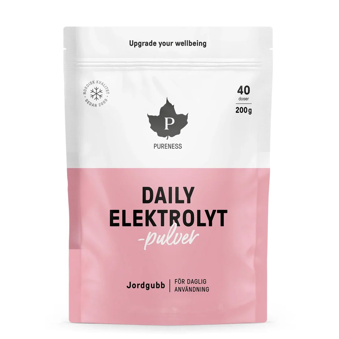 Pureness Daily Elektrolytpulver 200 g i en vit och rosa påse, med smak av jordgubb för daglig användning., bild 1 av 1