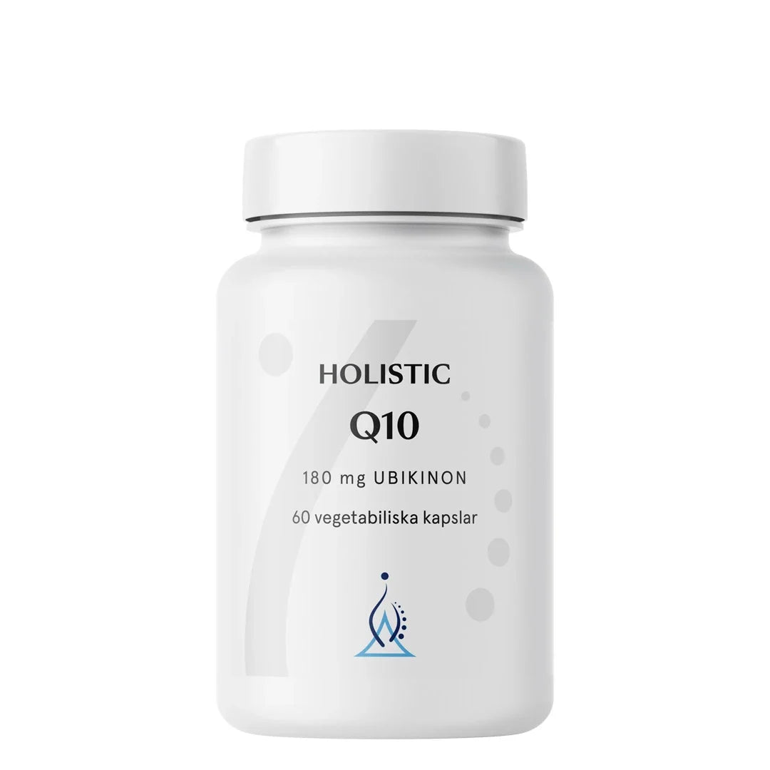 Holistic Q10 180 mg 60 caps kosttillskott i en vit plastburk med svarta och blå detaljer., bild 1 av 1
