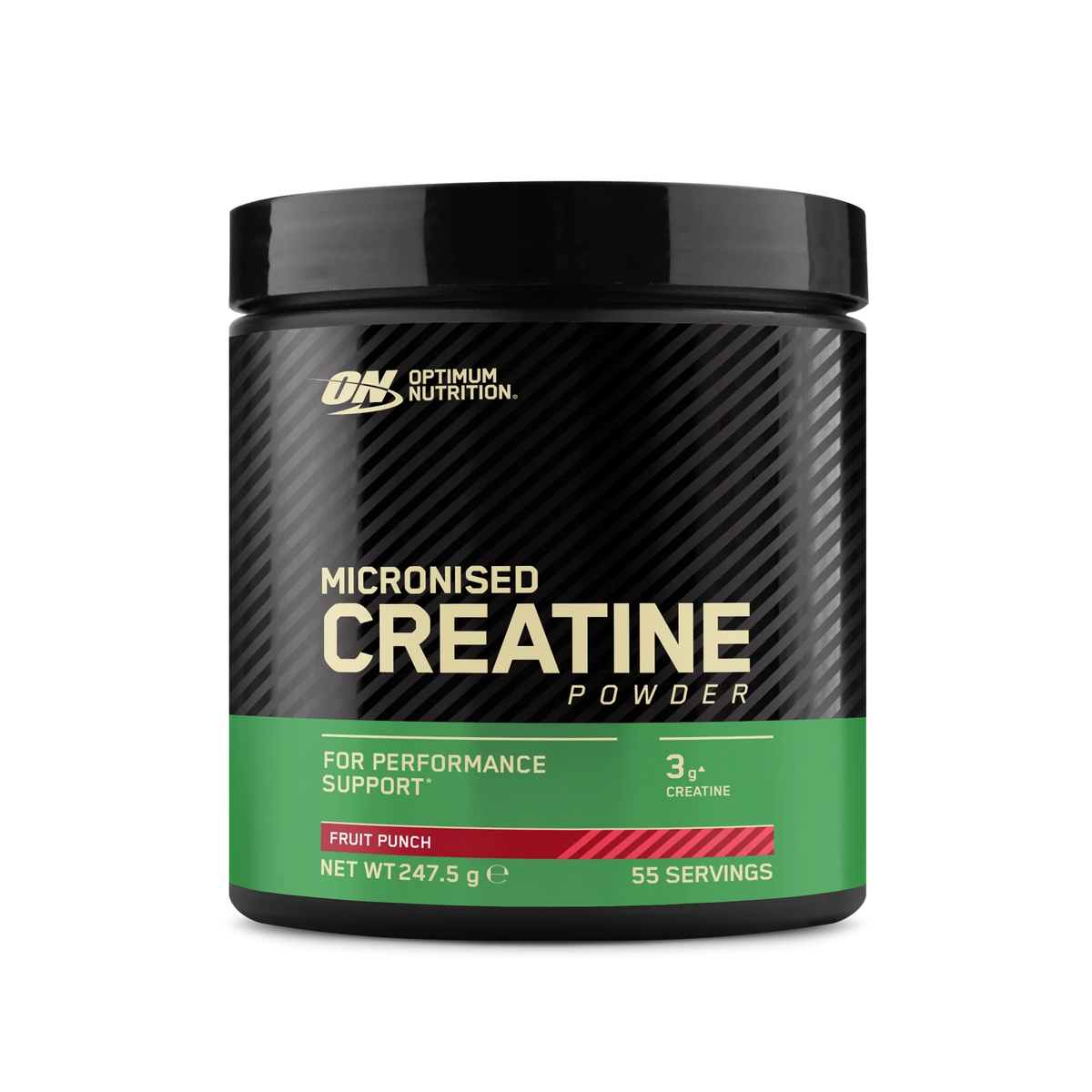 Optimum Nutrition Creatine Powder 247.5 g kreatin i en svart burk med grön etikett för smaken Fruit Punch.