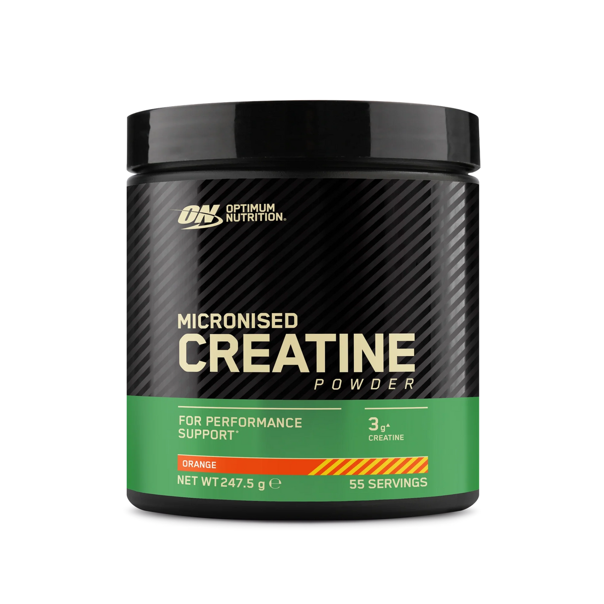 Optimum Nutrition Creatine Powder 247.5 g kreatin i en svart burk med gröna detaljer för smaken Orange.