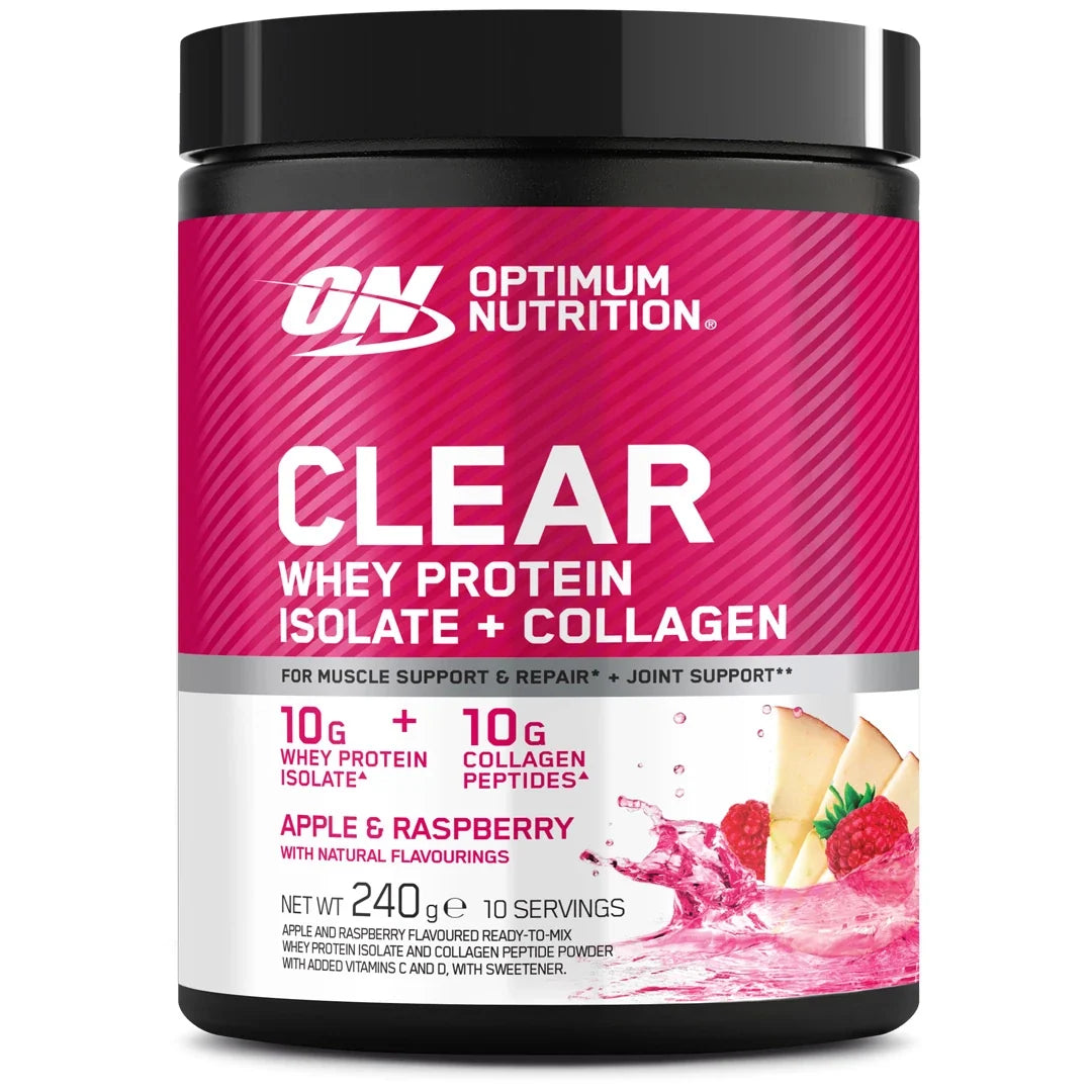 Optimum Nutrition Clear Whey + Collagen 240 g proteinpulver i en svart burk med rosa etikett för smaken Apple Raspberry.