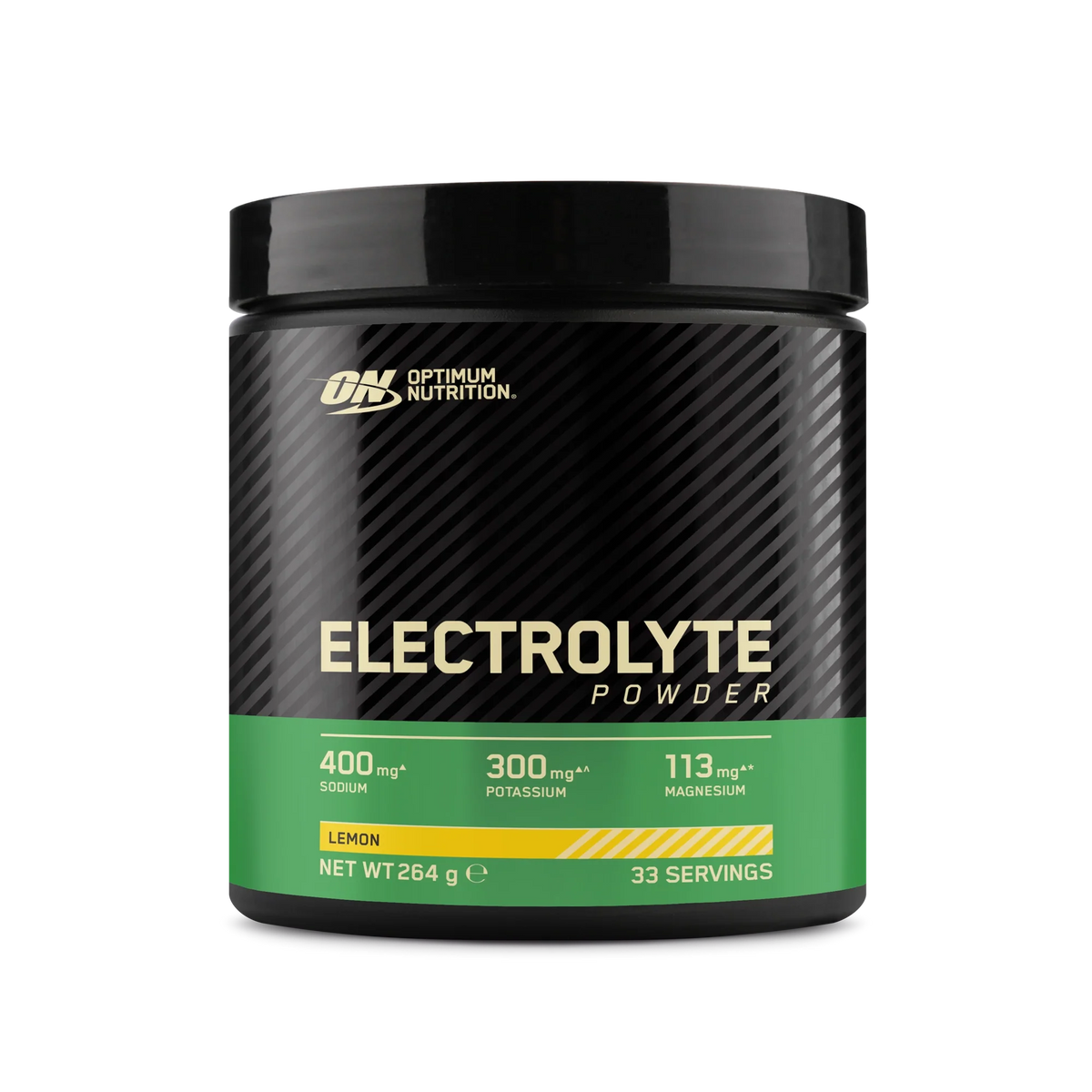 Optimum Nutrition Electrolyte Powder 264 g i en svart burk med grön etikett för smaken Lemon., bild 1 av 2
